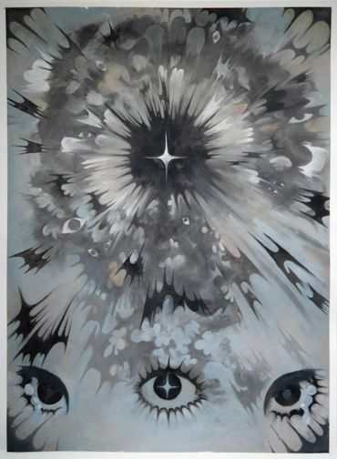 Surreal monochrome painting of eyes and starburst patterns blending into a cosmic scene.