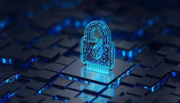 A glowing blue digital padlock stands on a reflective surface amidst a network