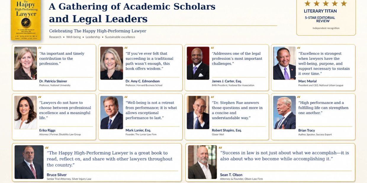 Quotes from legal and academic professionals praising The Happy High-Performing Lawyer book.