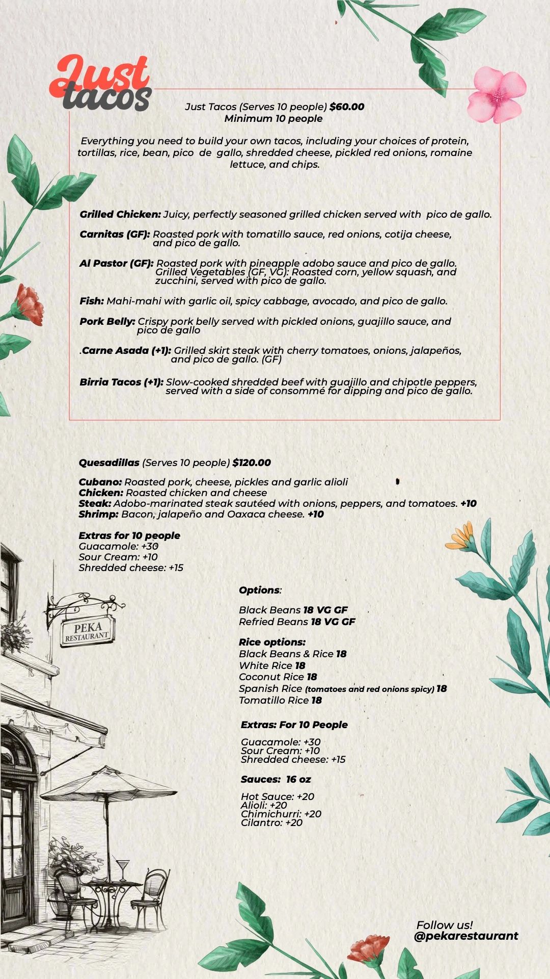 Menu featuring taco and quesadilla options with various proteins and extras for 10 people.