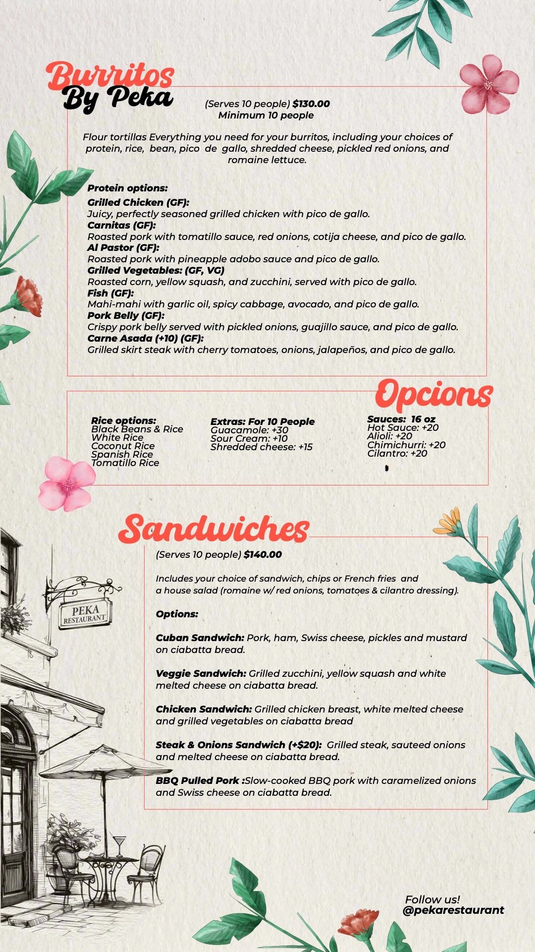 Menu for burritos and sandwiches by Peka with various protein, rice, and sauce options.