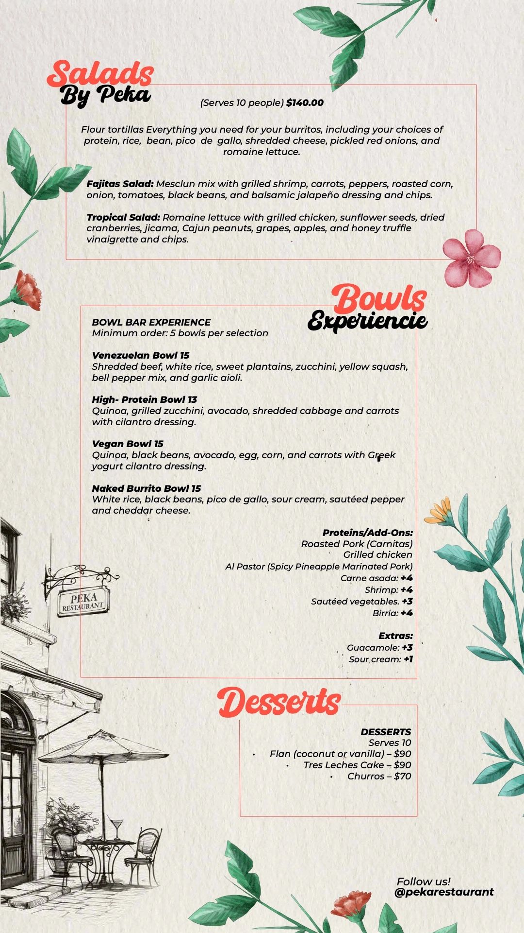 Menu featuring salads, bowls, and desserts with detailed ingredients and prices at Peka Restaurant.