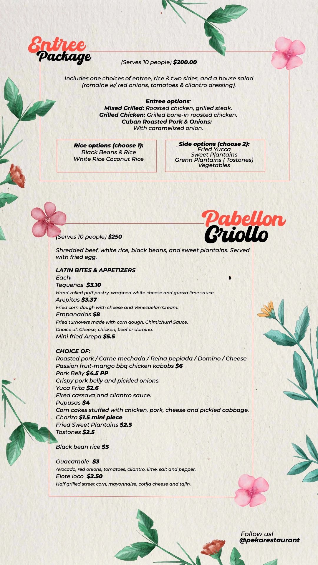 Menu featuring Entree Packages and Pabellon Criollo with Latin bites and appetizers.