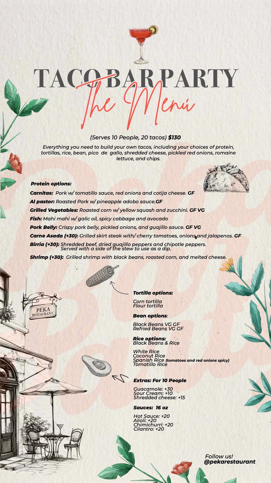 Menu for Taco Bar Party with protein, tortilla, bean, rice options, extras, and sauces for 10 people.