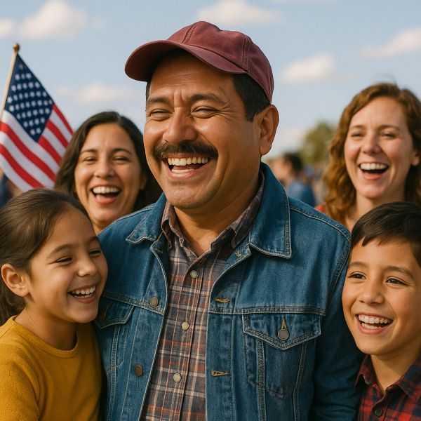 Happy family smiling outdoors with an American flag.
