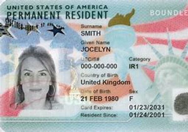 United States Permanent Resident Card with photo and personal details.