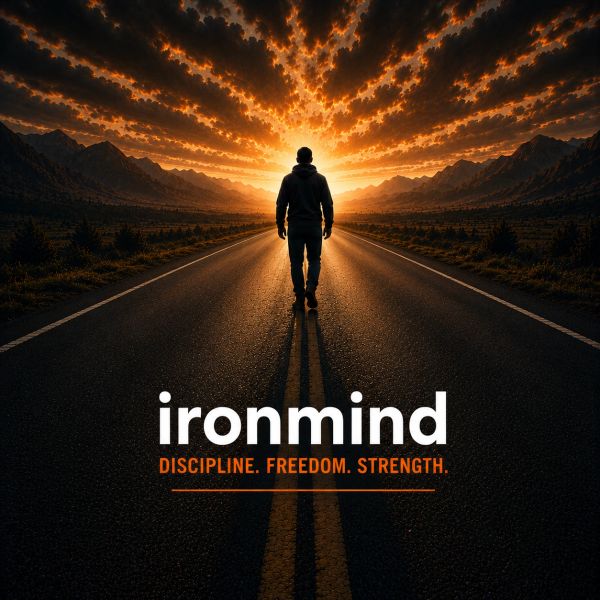 Person walking on road toward dramatic fiery sunset with text about discipline and strength.
