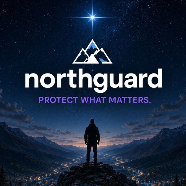 A lone figure stands overlooking a lit valley with a star above and the text 'northguard'.