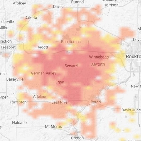 Map of service area.  Covering most of Seward & German Valley Township around Pecotonica,  Byron, IL