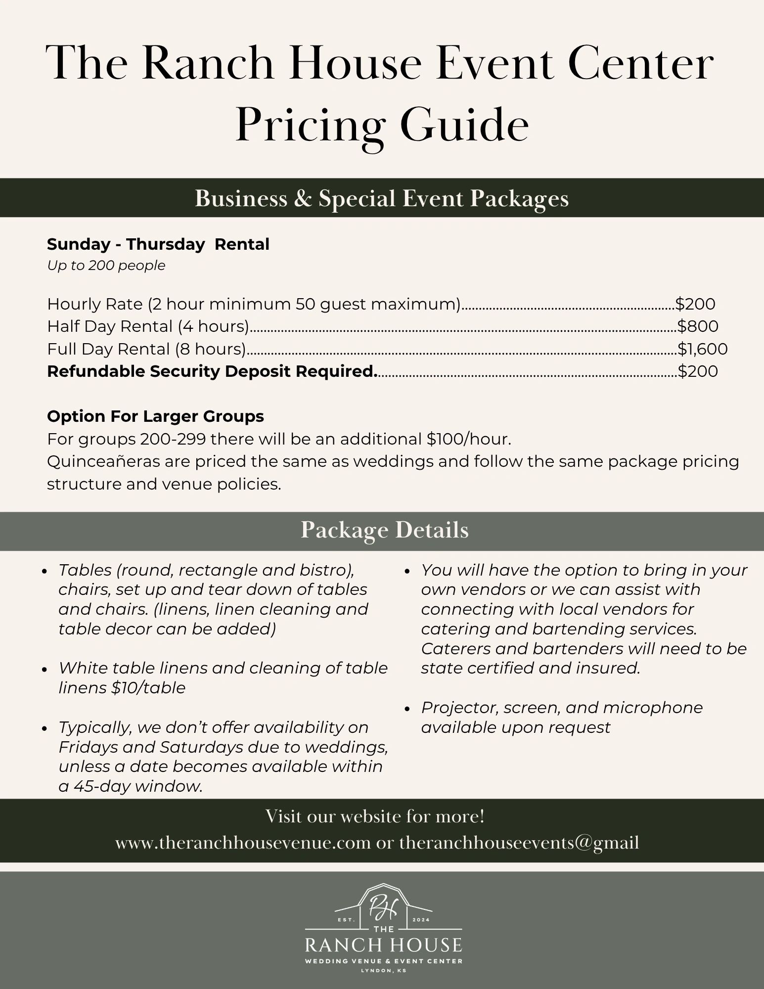 Pricing guide for The Ranch House Event Center's business and special event packages.