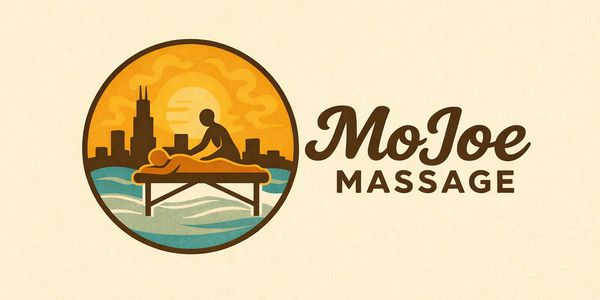 MoJoe Massage logo with city skyline and massage table illustration.