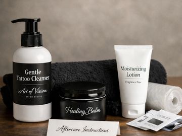 Tattoo aftercare kit with cleanser, healing balm, lotion, and instructions on wooden surface.
