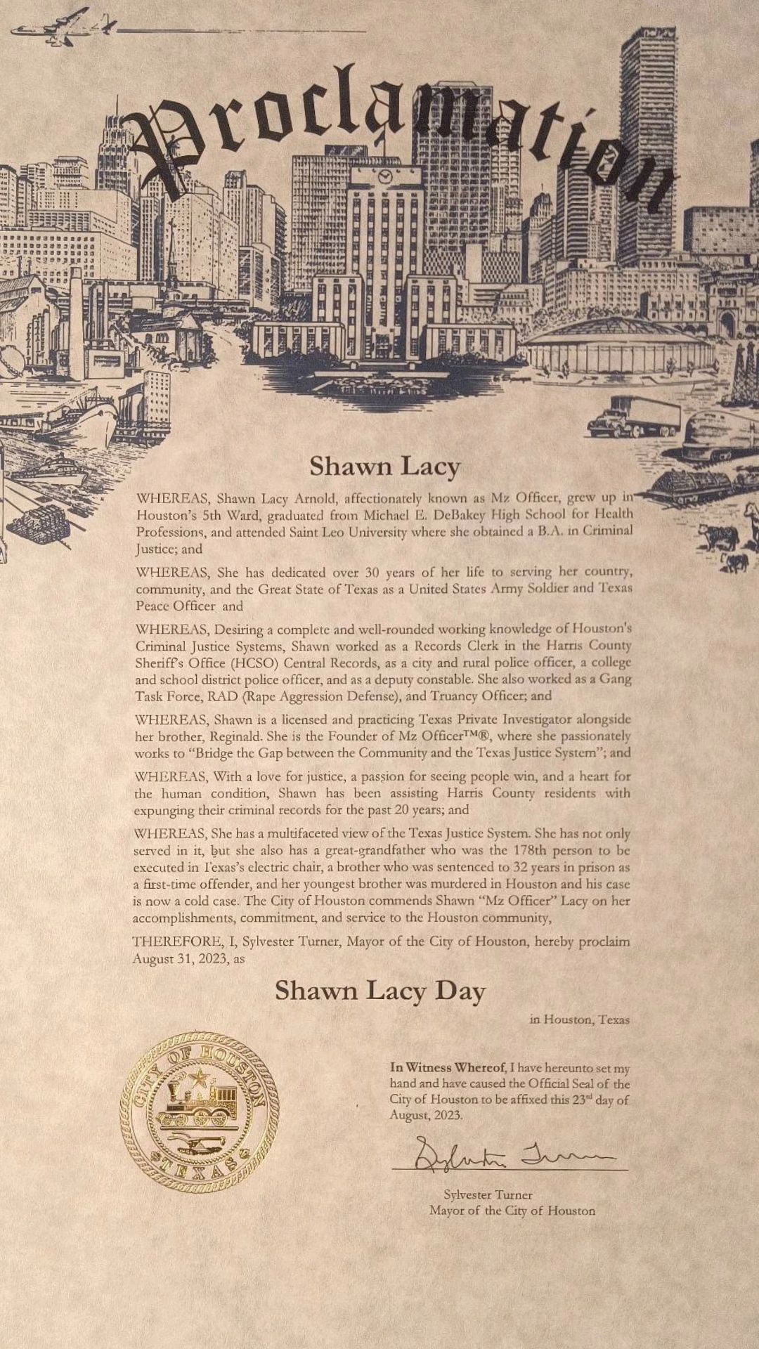 Proclamation declaring "Shawn Lacy Day" in Houston for her community service.