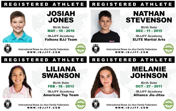 Four young registered athletes with their birth dates and Brazilian Jiu-Jitsu teams.
