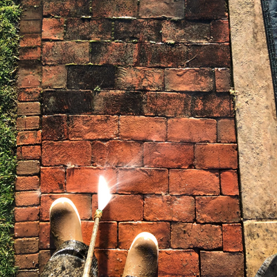 brick walkway being pressure washed