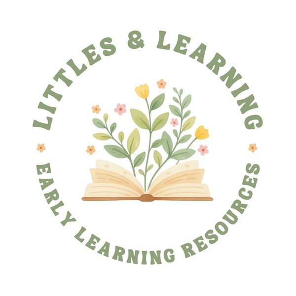 Logo with an open book and flowers, titled Littles &amp; Learning.