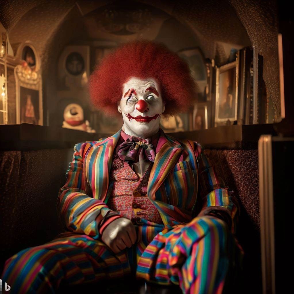 This clown image is certifiable AI Slop. It's disturbing because he is winking while ...