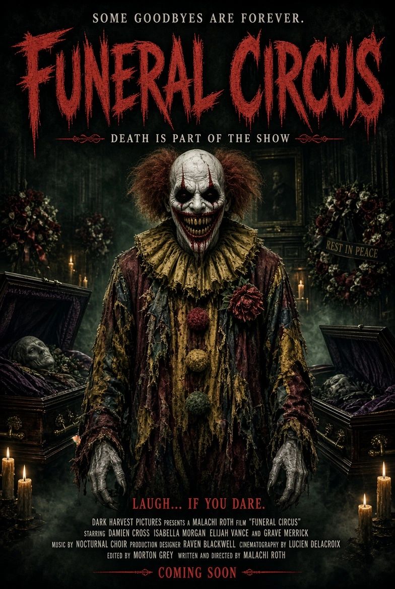 Creepy clown standing between two coffins in dark room.