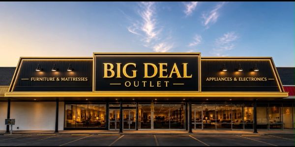 Big Deal Outlet storefront at sunset.