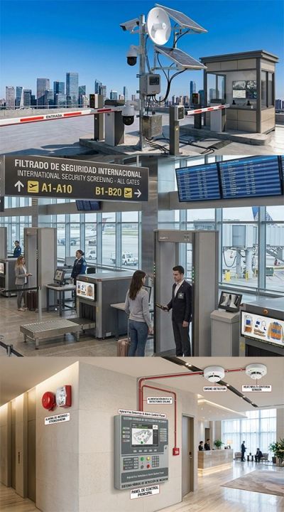 Imágenes de seguridad y control en un aeropuerto.