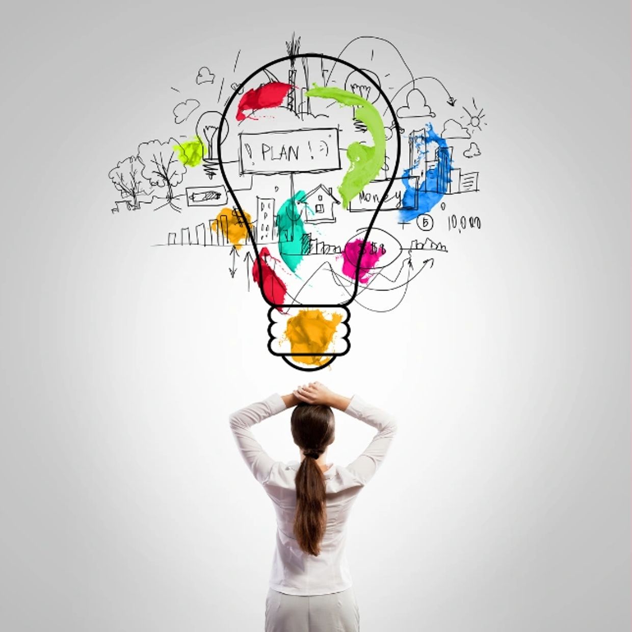 Woman brainstorming creative business ideas under a colorful light bulb illustration.