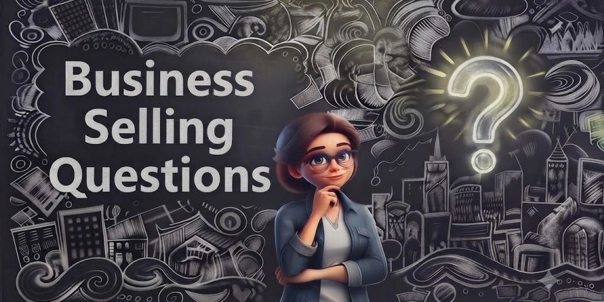 Animated woman thinking about business selling questions.
