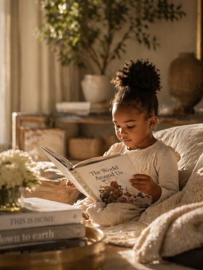 Young girl reading a book titled 'The World Around Us' in a cozy, sunlit room.
