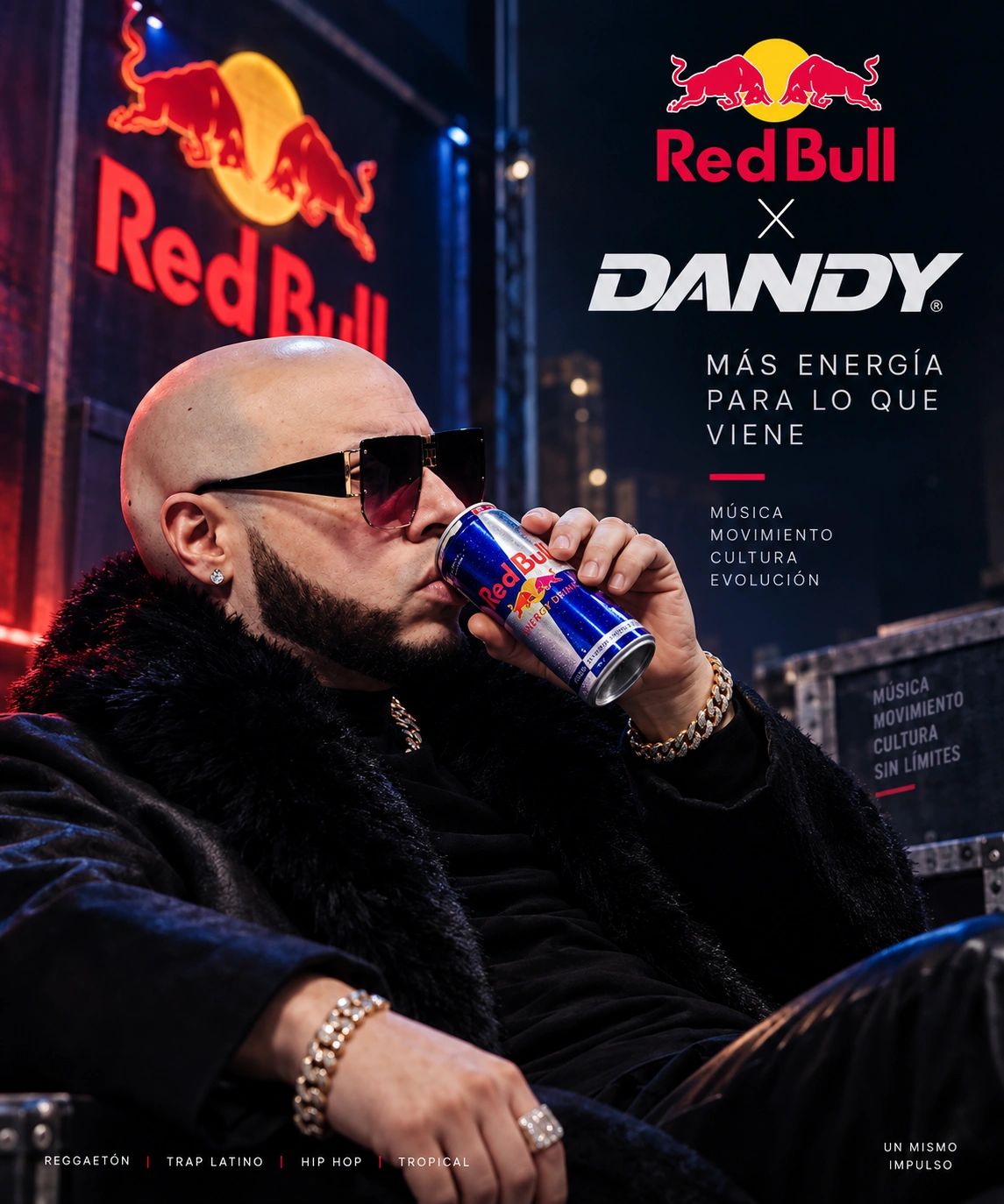 Man drinking Red Bull in a stylish urban setting with Red Bull and Dandy logos.
