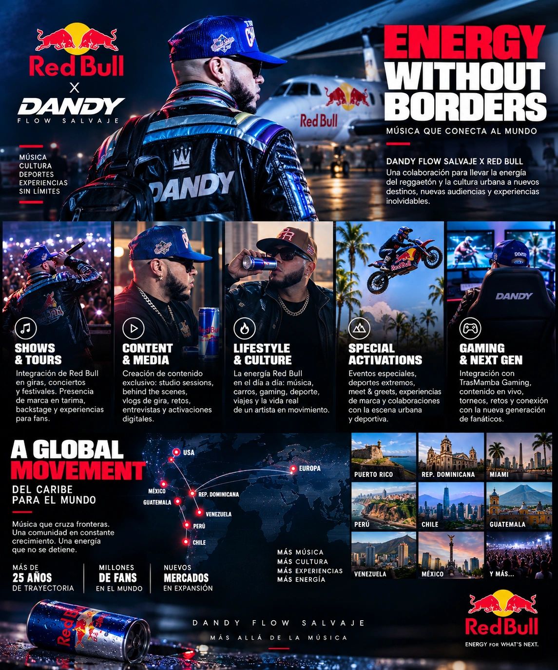 Red Bull and Dandy Flow Salvaje collaboration promotes global energy through music, culture, and extreme sports.