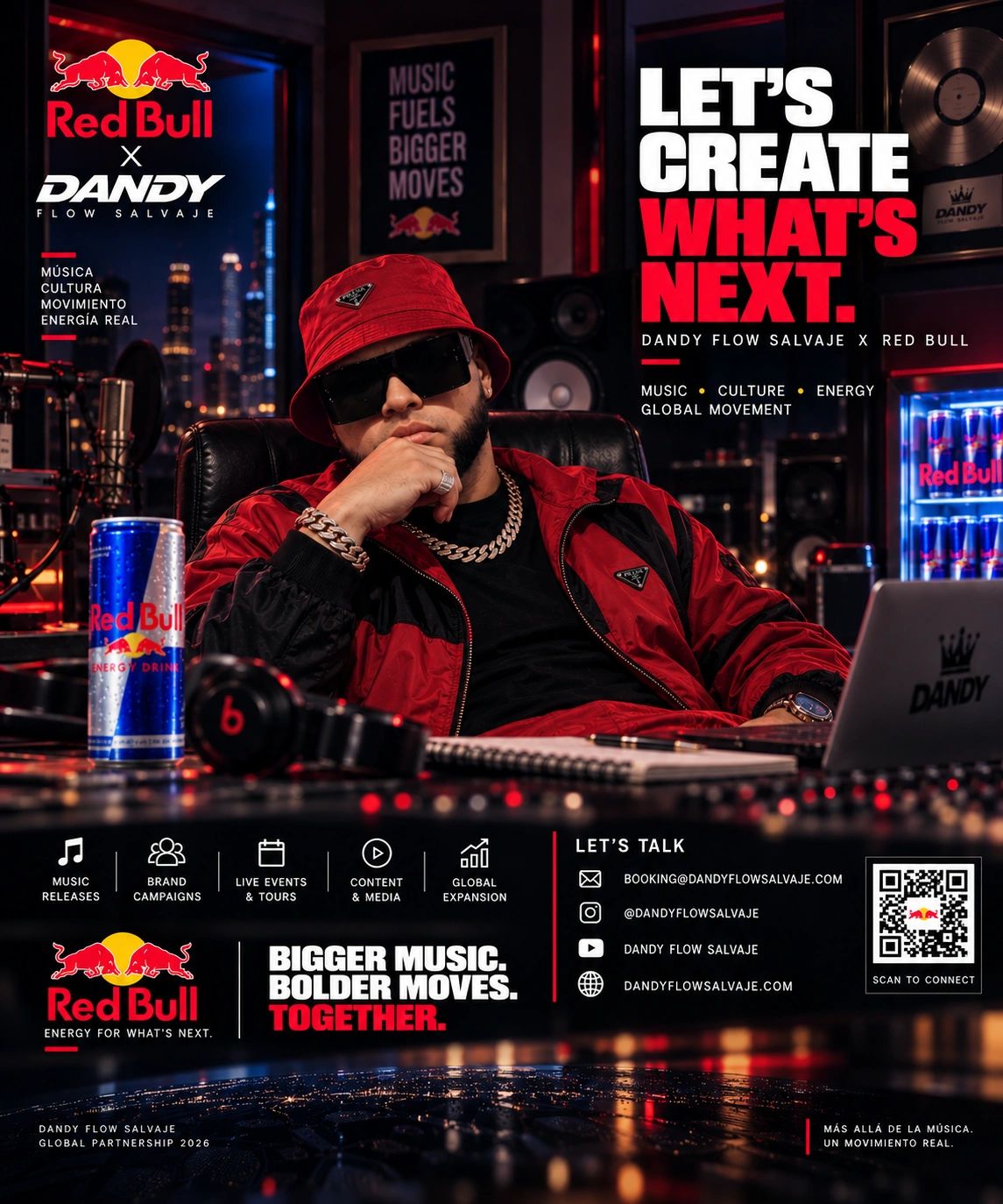 Dandy Flow Salvaje and Red Bull partnership in a music studio setting.