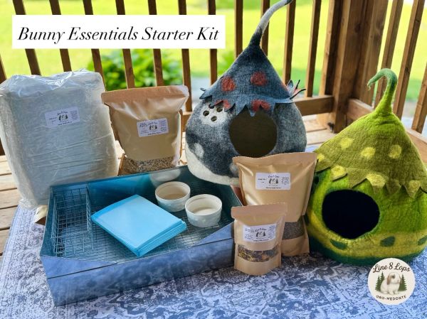 Bunny essentials starter kit with food, bedding, beds, and accessories.