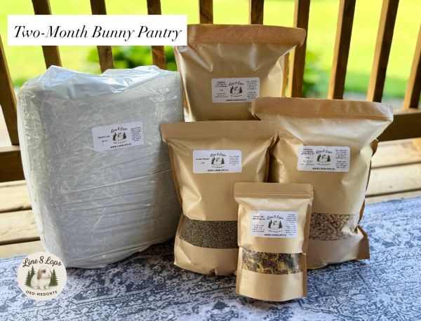 Two-month bunny food supply in multiple sealed bags.