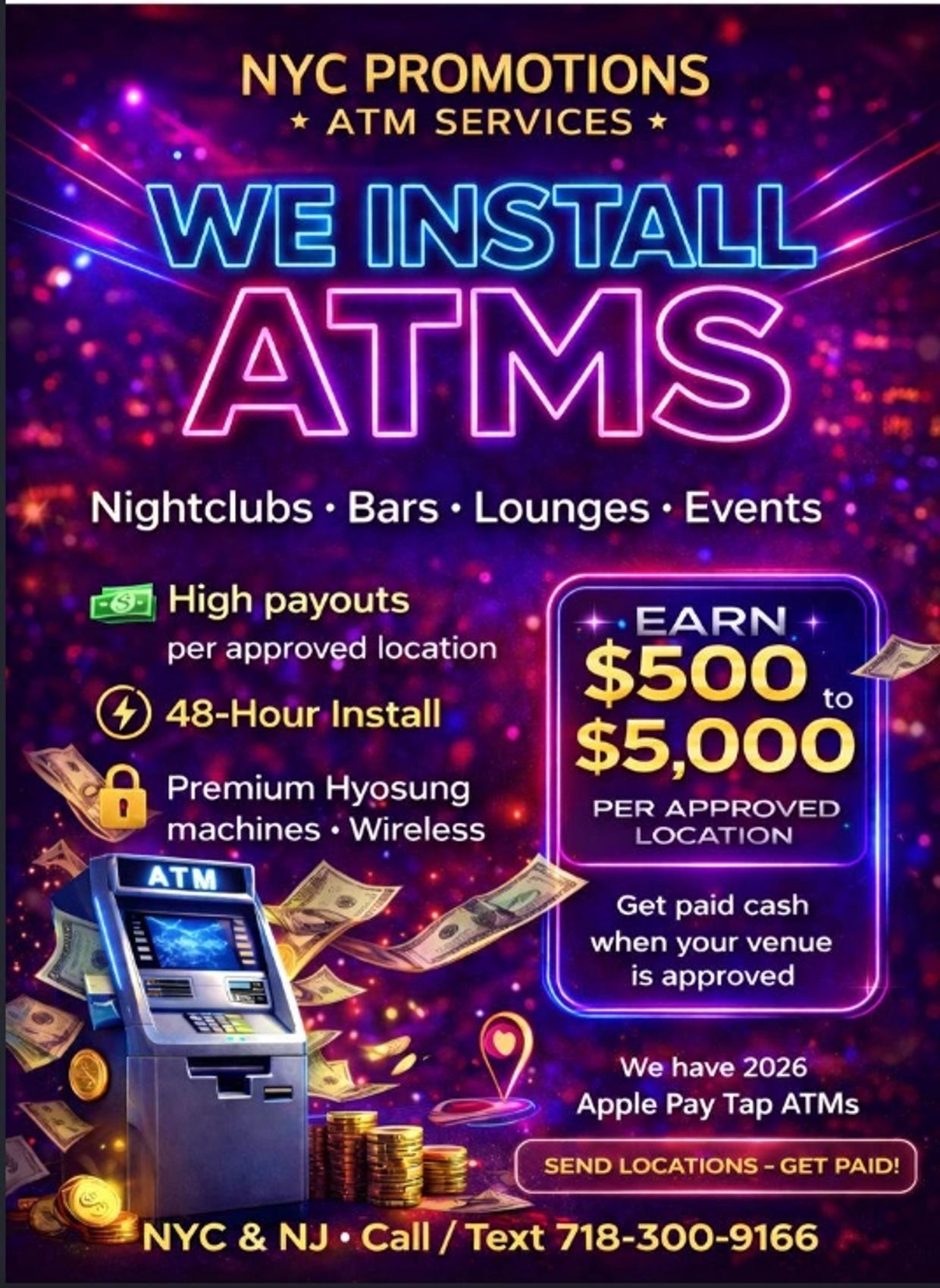 Neon-style ad for ATM installation services in NYC and NJ with high payouts and fast installs.