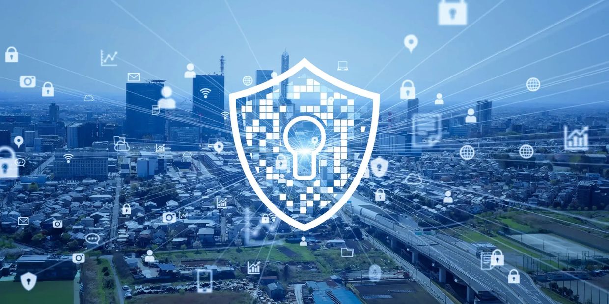 security badge with locks floating around the city.