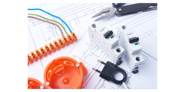 Electrical components and tools on wiring diagrams.