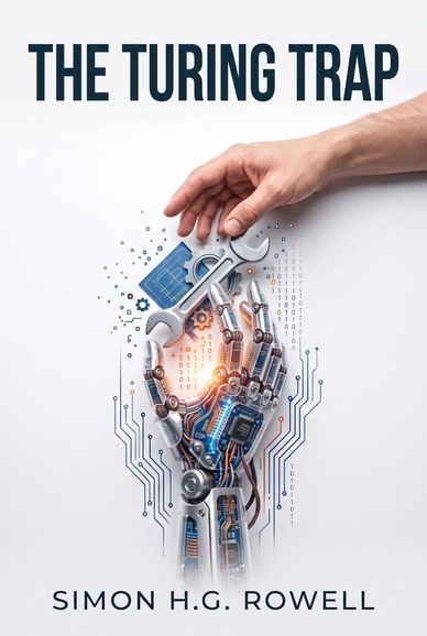 Book cover of The Turing Trap with a robotic hand and a human hand.