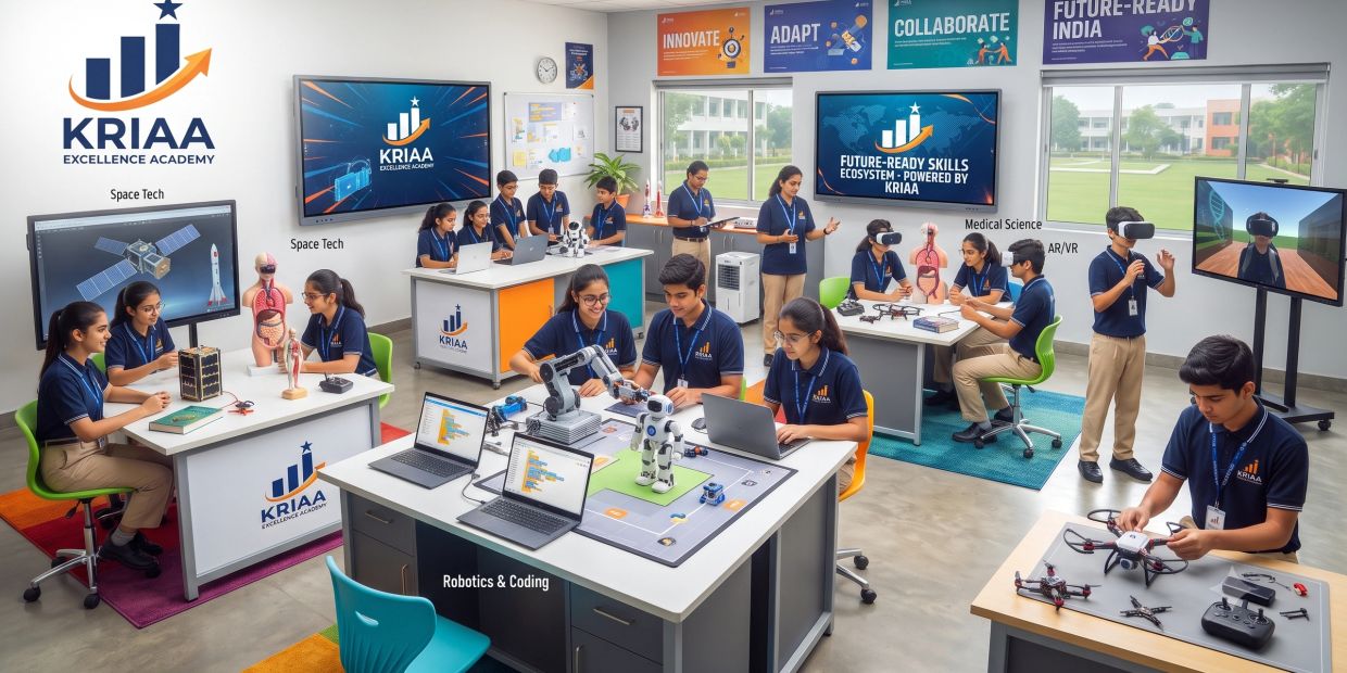 Students engaged in space tech, robotics, medical science, and AR/VR learning activities.