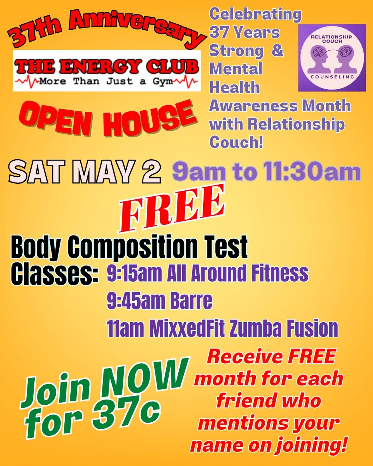 FREE Open House May 2 from 9am to 11:30 am.
Join Now for 37 cents