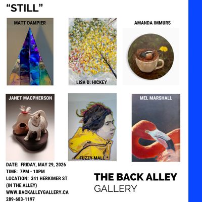 Art exhibition flyer featuring diverse artworks and event details at The Back Alley Gallery.