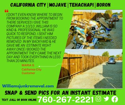 Williams junk removal in California City ,Ca 
Property cleanup bulk cardboard pickup 