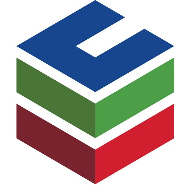 Colored 3D block logo with blue, green, and red layers.