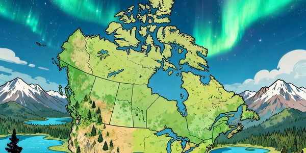 Illustrated map of Canada with northern lights and mountain landscape.