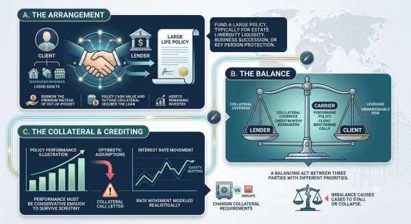 Infographic on life policy loans, collateral, and crediting balance.