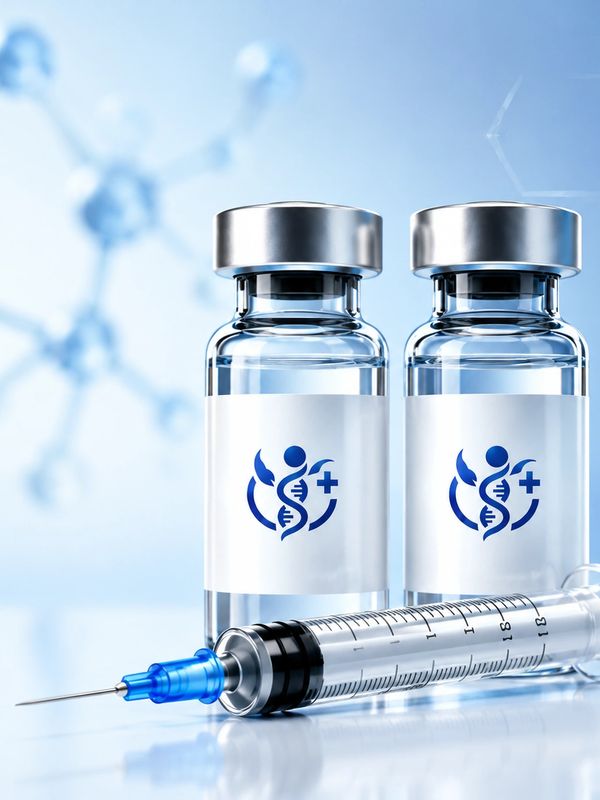 Two vaccine vials with a syringe on a reflective surface.