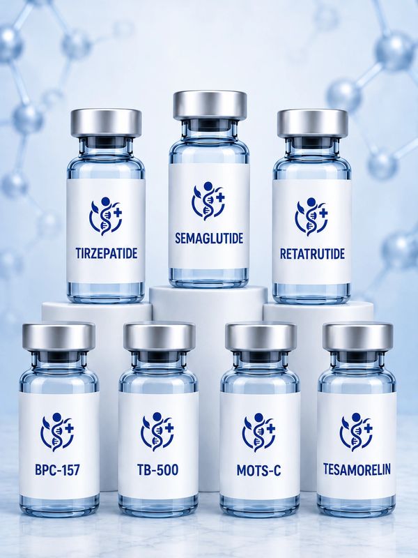 Vials of various peptides and drugs labeled with medical symbols.