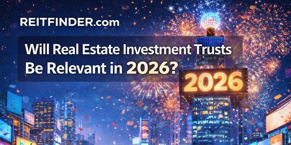 New Year's Eve fireworks in a bustling city with a sign asking about REIT relevance in 2026.