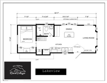 Floor plan of Lakeview cottage showing bedroom, bath, kitchen, dining, and living room.
