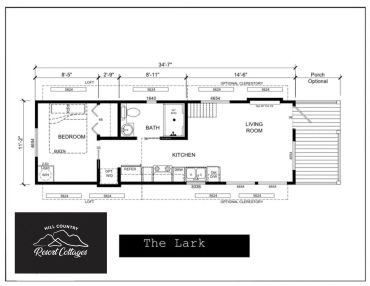 Floor plan of The Lark cottage with one bedroom, bathroom, kitchen, and living room.