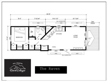 Floor plan of 'The Raven' resort cottage with bedroom, bathroom, kitchen, living and dining areas, and optional porch.