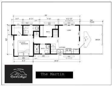 Floor plan of The Martin cottage with 2 bedrooms, living area, kitchen, and deck.